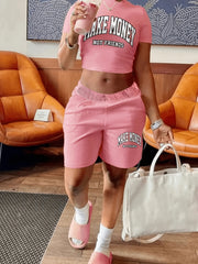 Letter Print 2pc Set Short Sleeve Crop T-shirt & High Waist Elastic