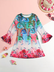 Girls Flower Graphic Crew Neck Long Sleeve Dress