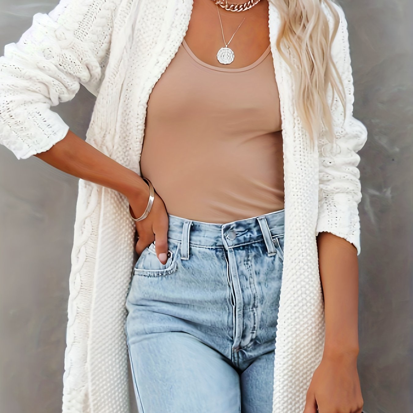 Solid Cable Cardigan Open Front Long Sleeve