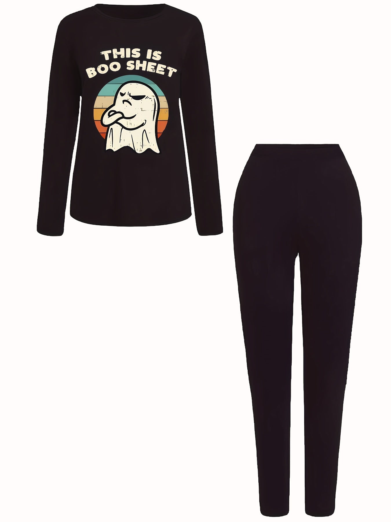 Women's Plus Ghost & Slogan Print Long Sleeve Top & Leggings Set