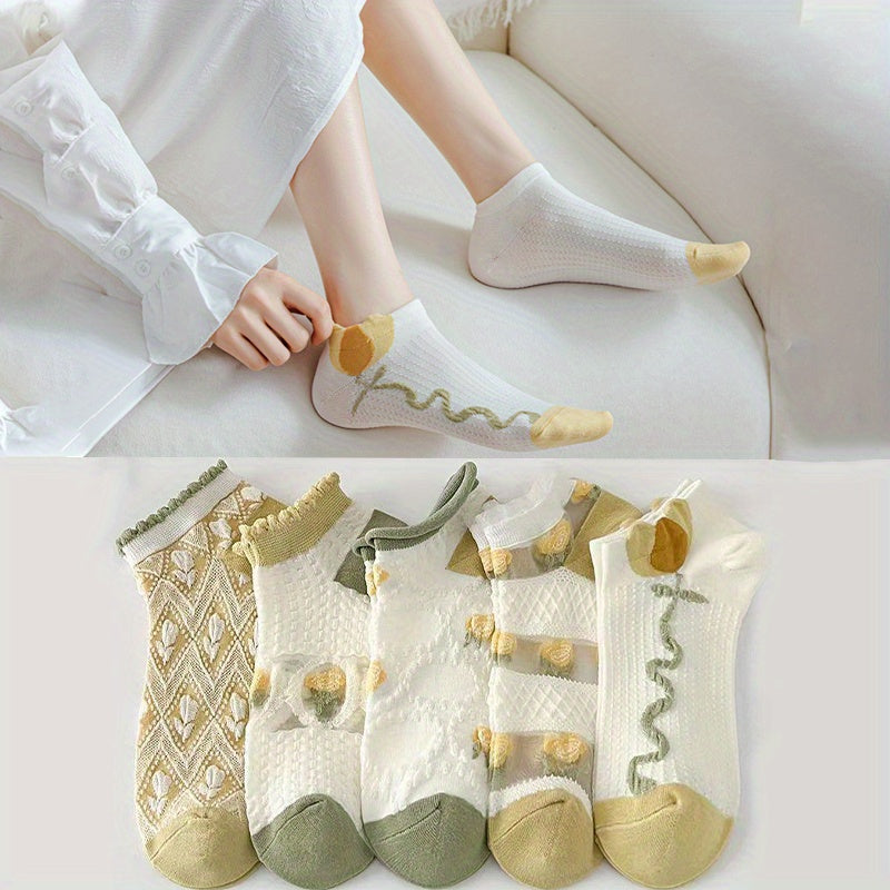 5 Pairs Floral Print Low Cut Ankle S Women Stockings Hosiery