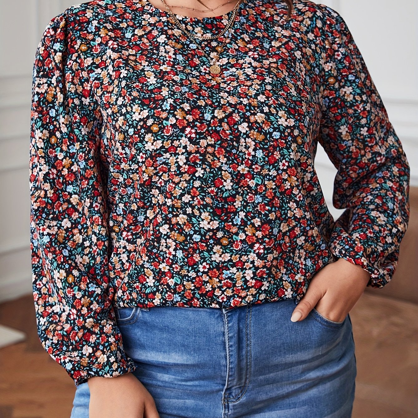Women's Plus Ditsy Floral Lantern Sleeve Boho Blouse