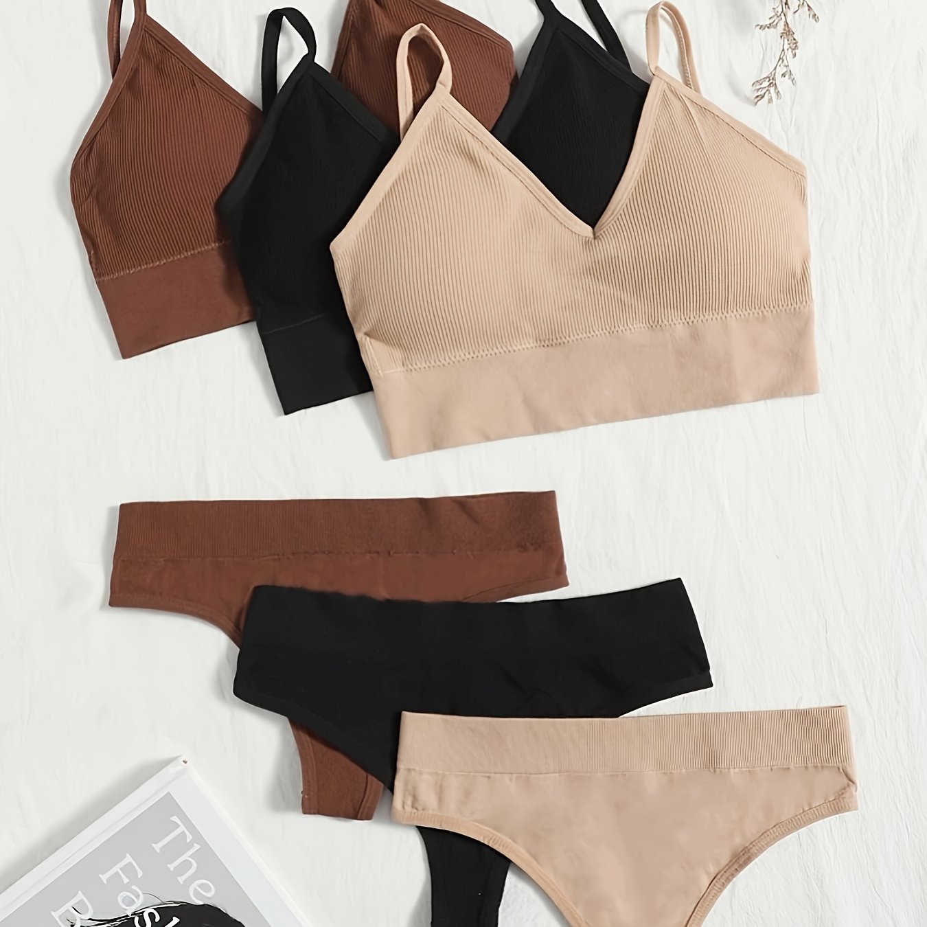3 Sets Ribbed Bra & Panties Wireless Bralette & Thongs Lingerie