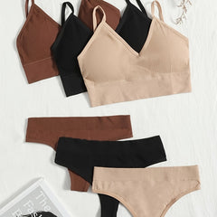 3 Sets Ribbed Bra & Panties Wireless Bralette & Thongs Lingerie