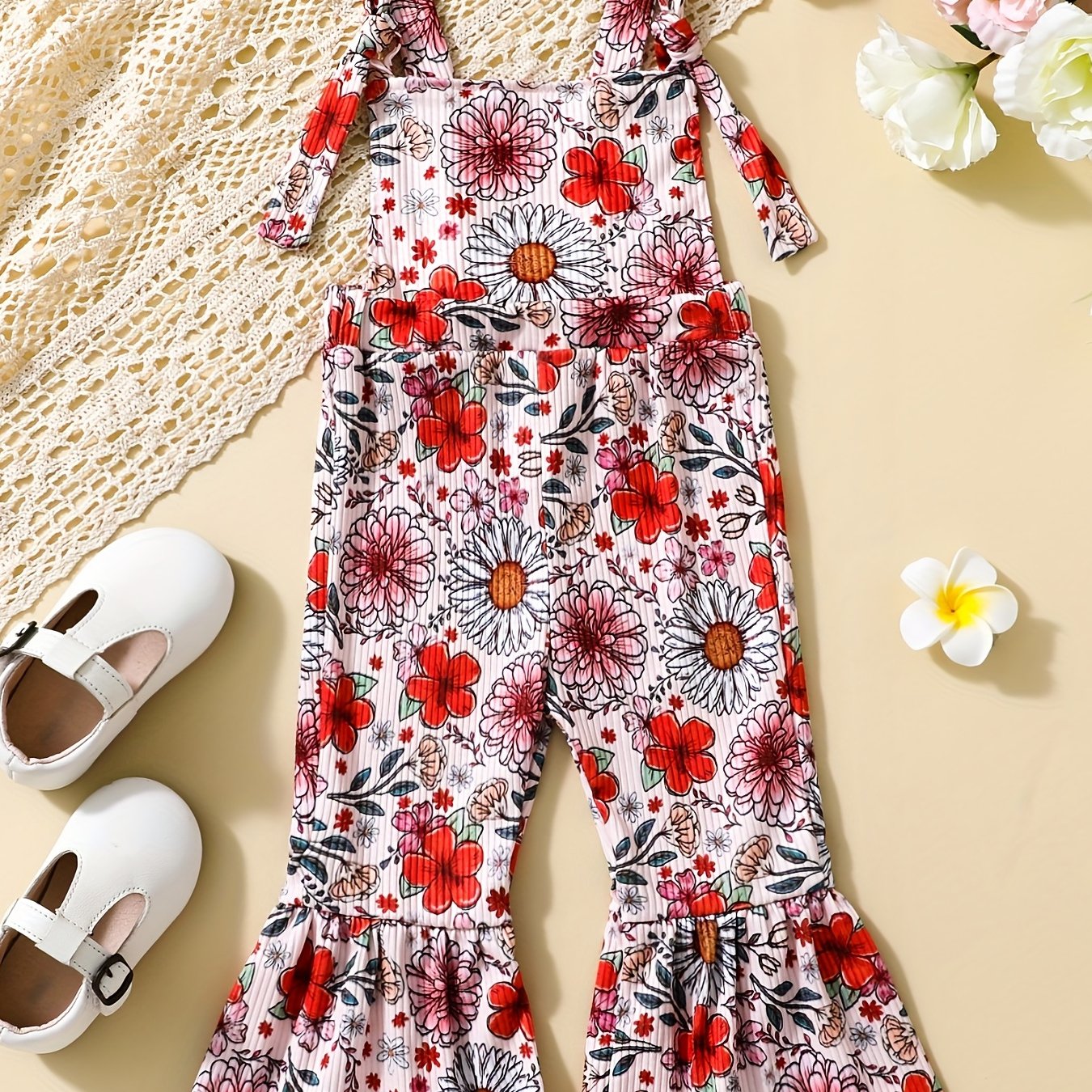 Floral Print Baby Girls Flared Overalls Suspender Bell Bottom Pants