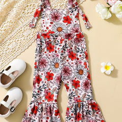 Floral Print Baby Girls Flared Overalls Suspender Bell Bottom Pants