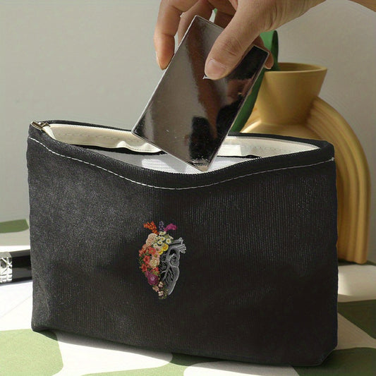Halloween Flower Heart Print Cosmetic Bag Gothic Zipper Travel Storage Bag