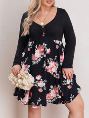Colorblock Floral Print V Neck Dress