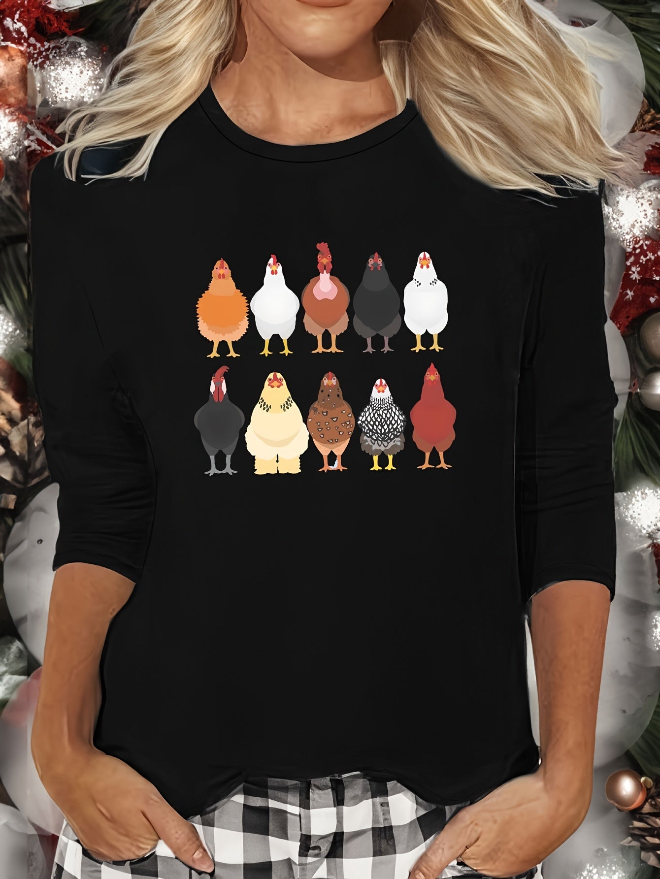 Chicken Print Lounge Top Long Sleeve Crew Neck Women's Sleepwear