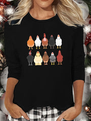 Chicken Print Lounge Top Long Sleeve Crew Neck Women's Sleepwear