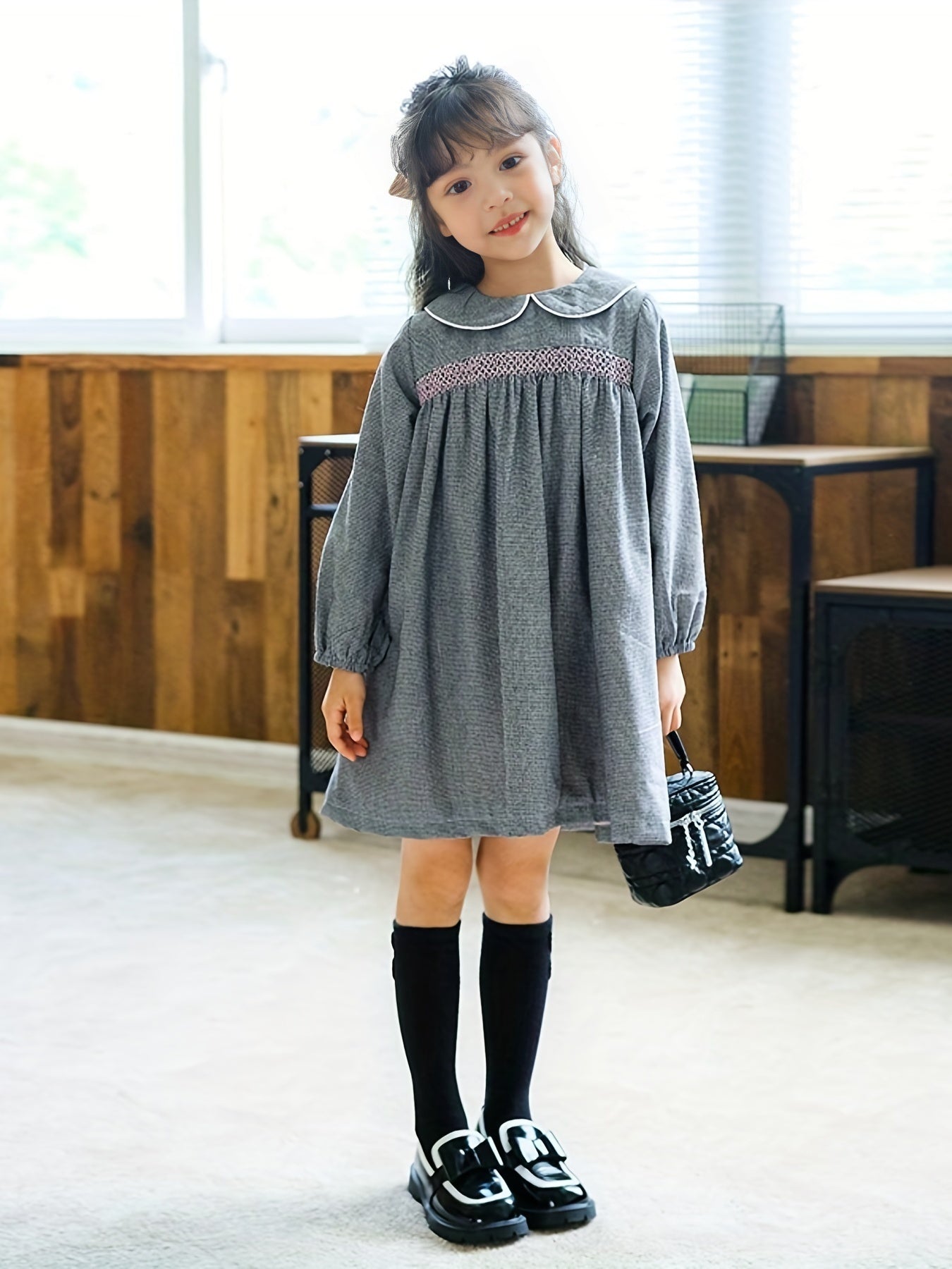 Girls Fleece Houndstooth Doll Collar Princess Dress Autumn Winter
