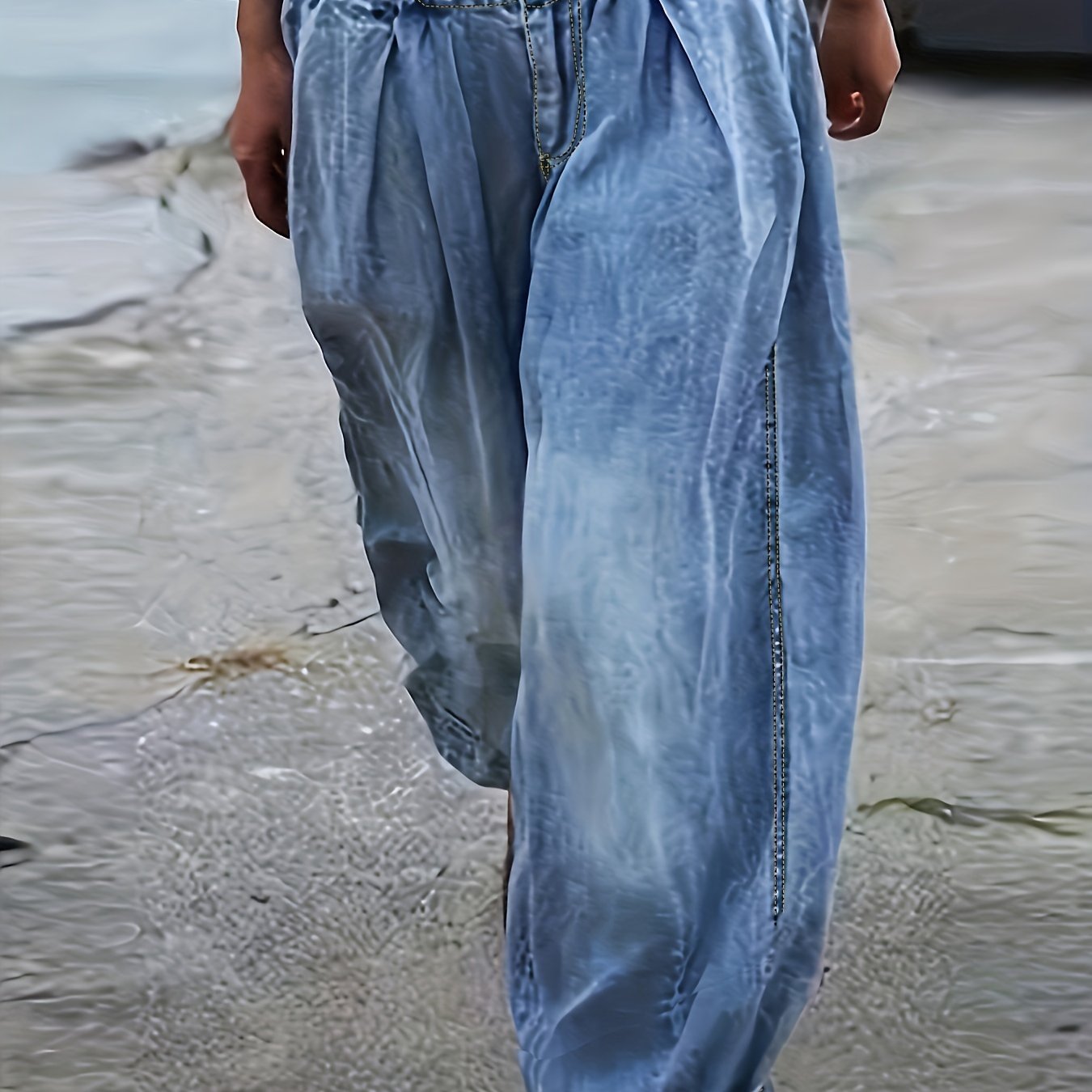 Elastic Waist Denim Pants Baggy Straight Legs Jeans
