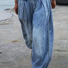 Elastic Waist Denim Pants Baggy Straight Legs Jeans