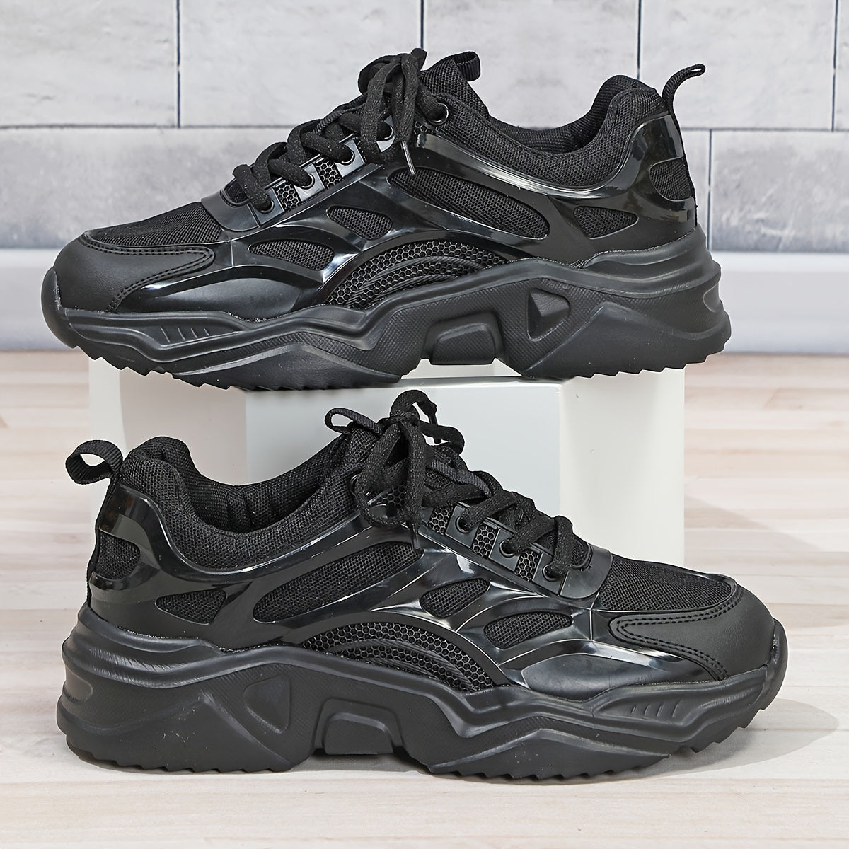 Faux Leather Chunky Sneakers Wear Resistant Shock Absorption Running Shoes