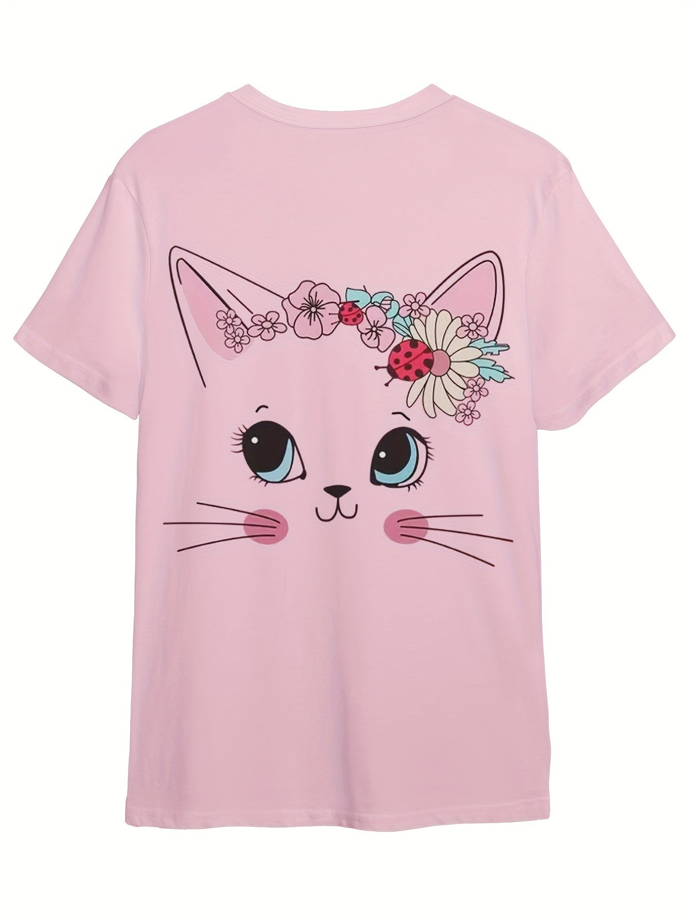 Kids Flower Kitty Graphic Short Sleeve T-shirt for Summer