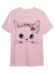 Kids Flower Kitty Graphic Short Sleeve T-shirt for Summer