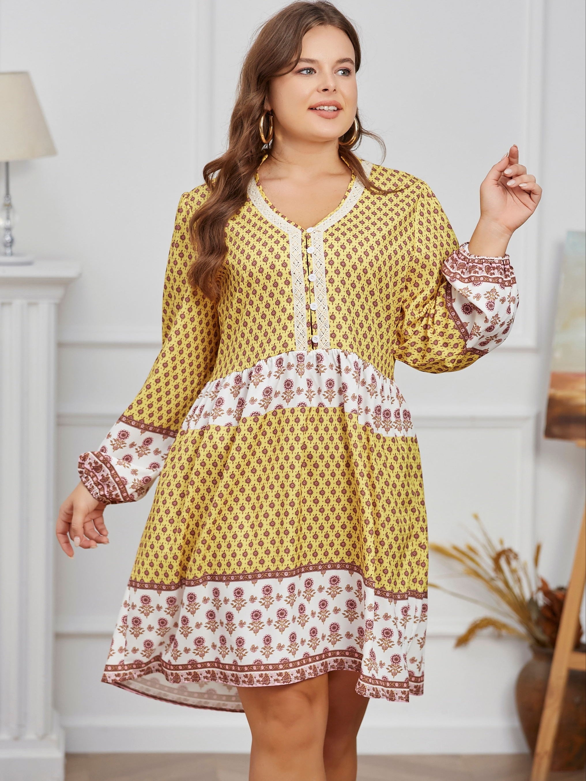 Boho Dress Women's Plus Colorblock Floral Print Long Sleeve V Neck