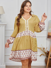 Boho Dress Women's Plus Colorblock Floral Print Long Sleeve V Neck
