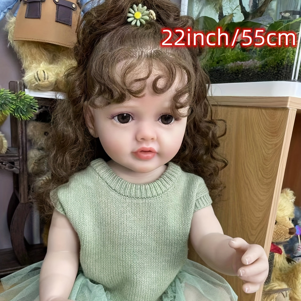 22 Inch Reborn Baby Dolls Lifelike Newborn Doll Curly Hair Full Vinyl Girl Doll