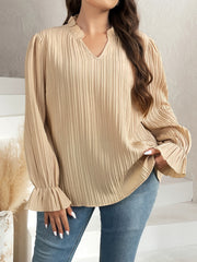Solid Ribbed Bell Sleeve Blouse Mock Neck Top