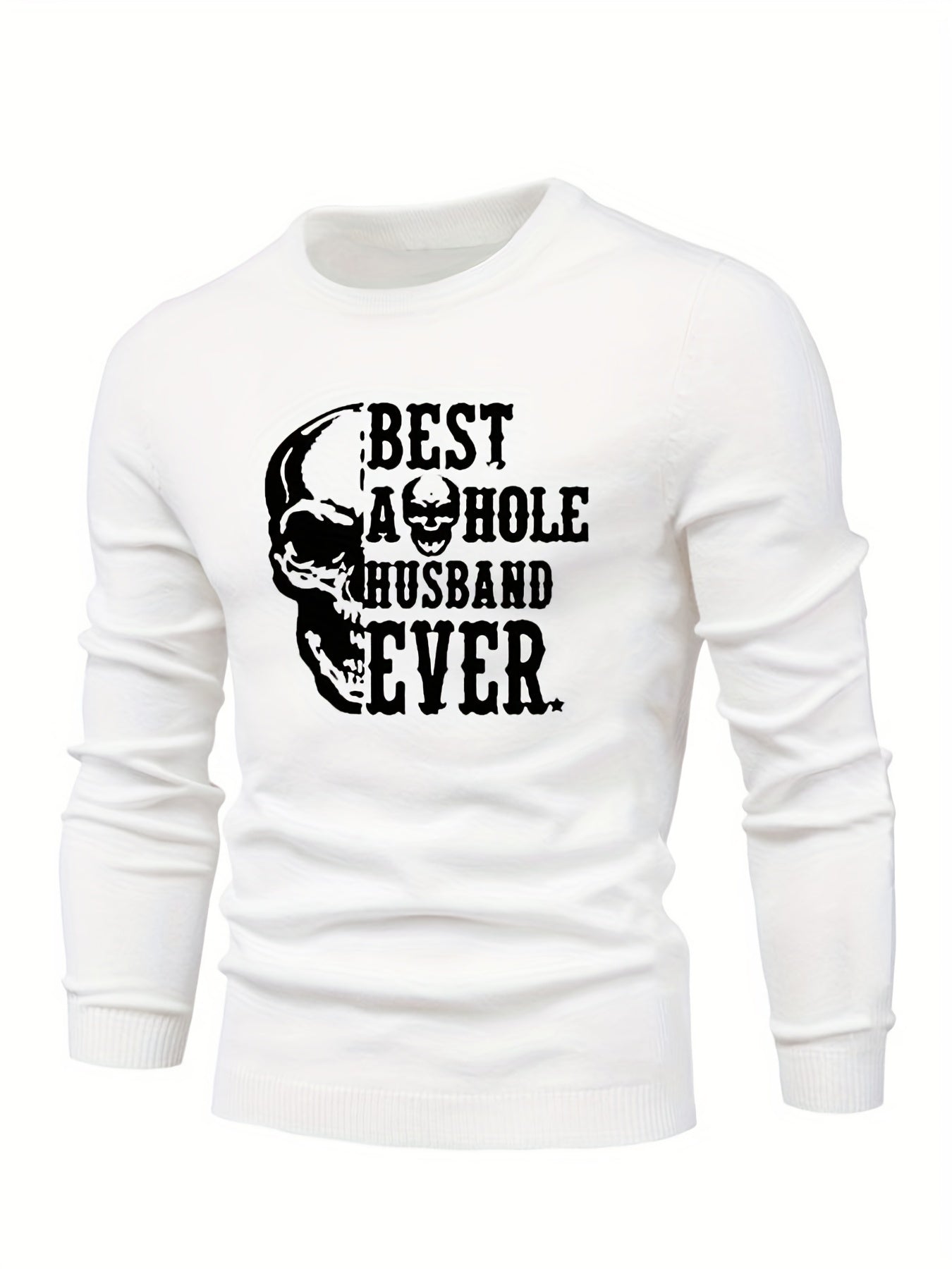 Skull & Letter Print Sweater Men's Casual Retro Style Mid Stretch Crew Neck Pull