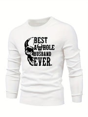 Skull & Letter Print Sweater Men's Casual Retro Style Mid Stretch Crew Neck Pull