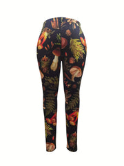 Women's Plus Mushroom Print High Rise Skinny Yoga Running Pants