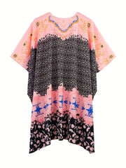 Boho Cover Up Women's Plus Floral Print Batwing Sleeve Open Front