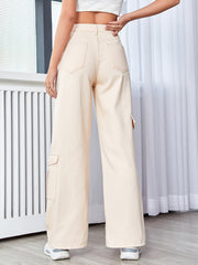 Apricot Cargo Flap Pocket Denim Cargo Pants Solid High Waist Casual Loose Jeans