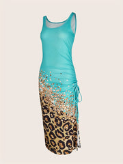 Leopard Print Drawstring Dress Sexy Crew Neck Sleeveless Maxi Dress