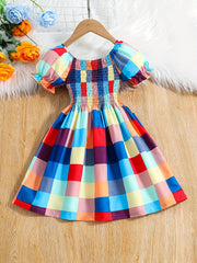 Girls Shirred Puff Sleeve Colorful Plaid Party Dress Kids Summer Clothes