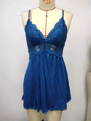 Sexy Contrast Lace Slip Dress Deep V Backless Babydoll Women's Lingerie