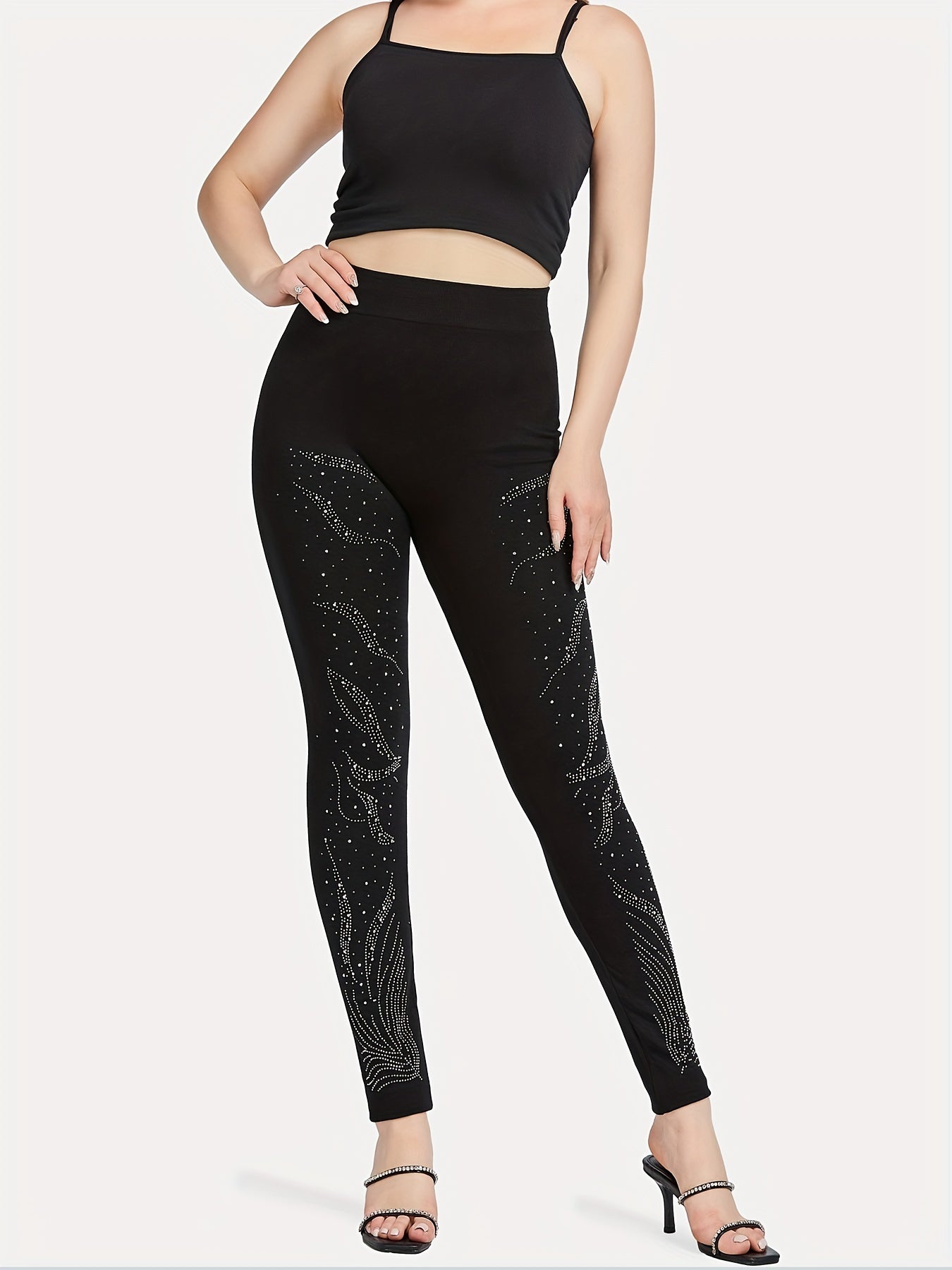Floral Rhinestone Skinny Leggings Women's Clothing