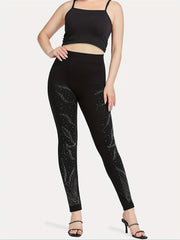 Floral Rhinestone Skinny Leggings Women's Clothing