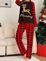Christmas Pajamas Set Women's Geo Elk & Letter Print Tee & Plaid Pants