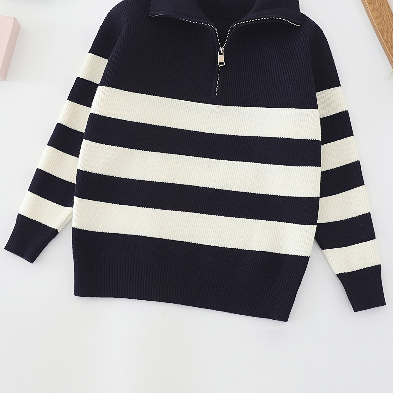 Girls' Striped Zip Collar Knitted Pullover Sweater