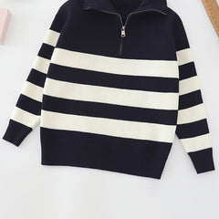 Girls' Striped Zip Collar Knitted Pullover Sweater