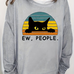 Cat & Letter Print Crew Neck Sweatshirt for Women