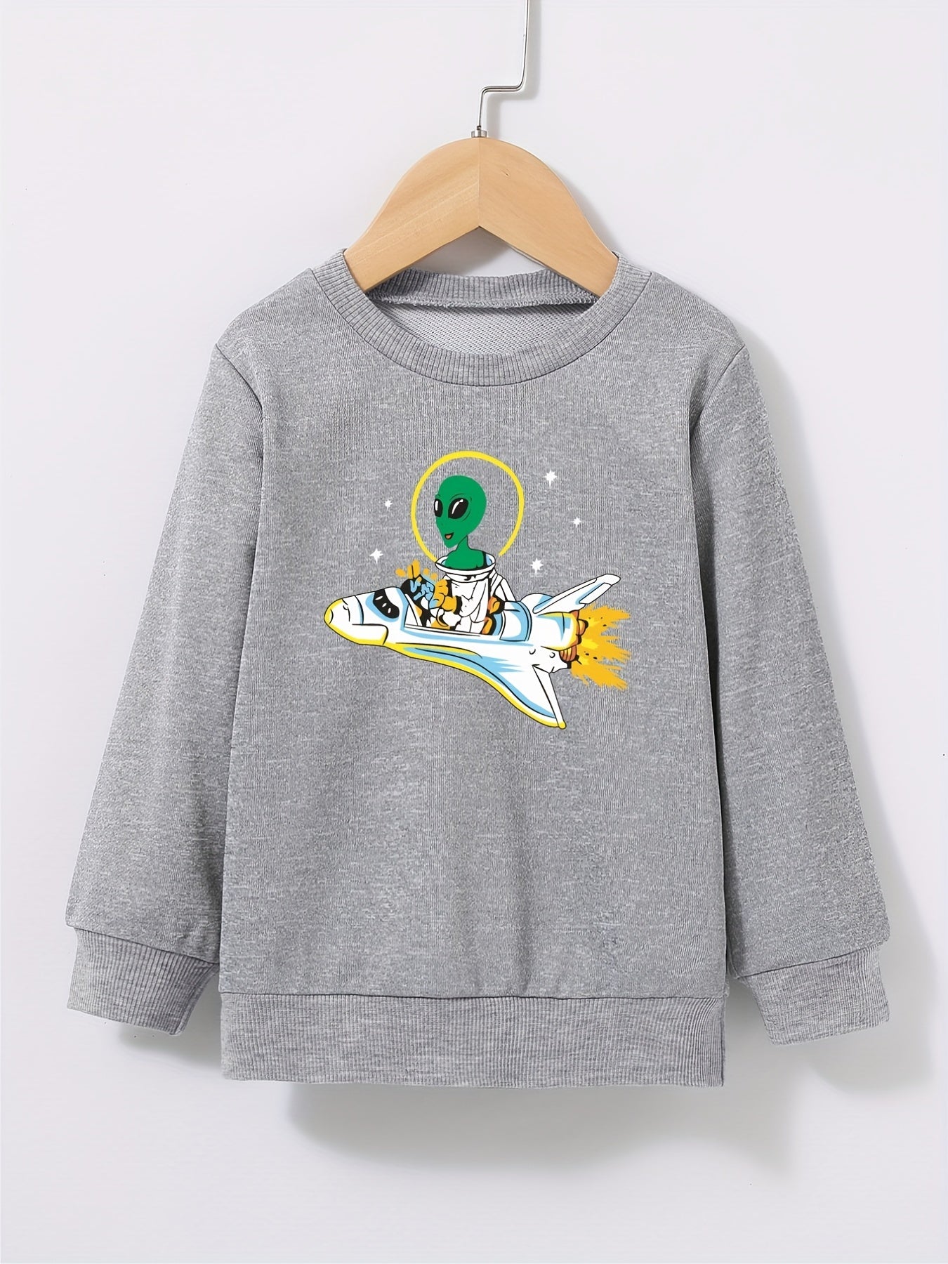Boys Space Alien & Airplane Print Sweatshirt Crew Neck Top
