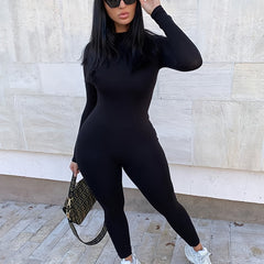 Solid Turtleneck Long Sleeve Jumpsuit Skinny Casual Long Length Women's Clothing