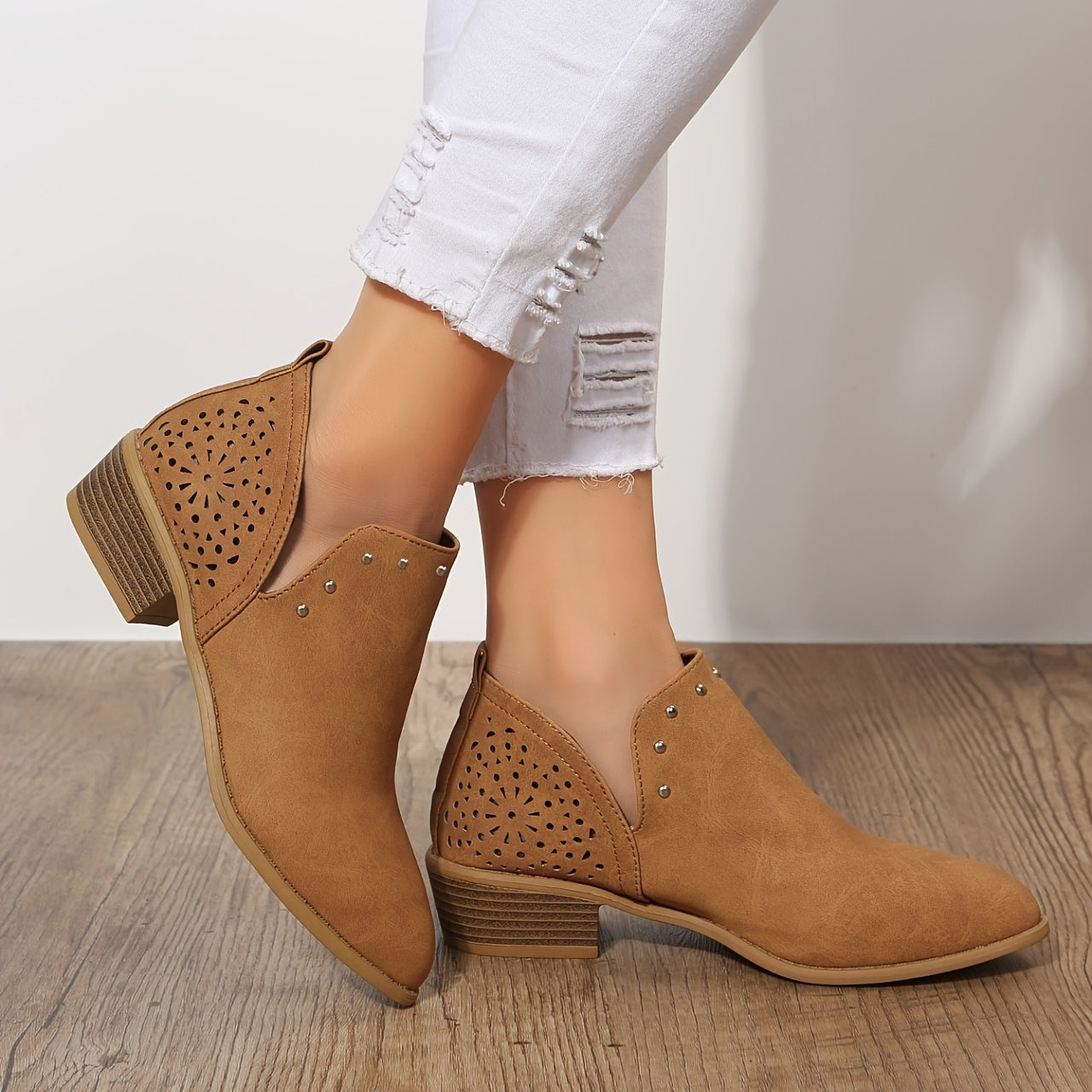 Women's Retro Hollow Out Chunky Heel Ankle Boots