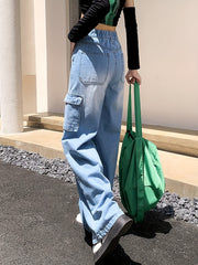 Embossed Cargo Jeans Elastic Waist Pop Style Denim Pants