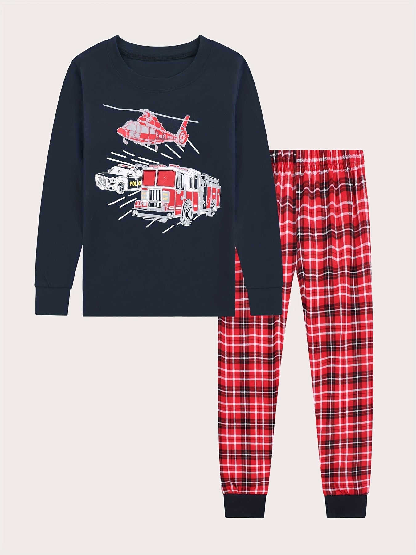 Kid's Vehicle Print Long Sleeve Top & Plaid Pants PJ Set