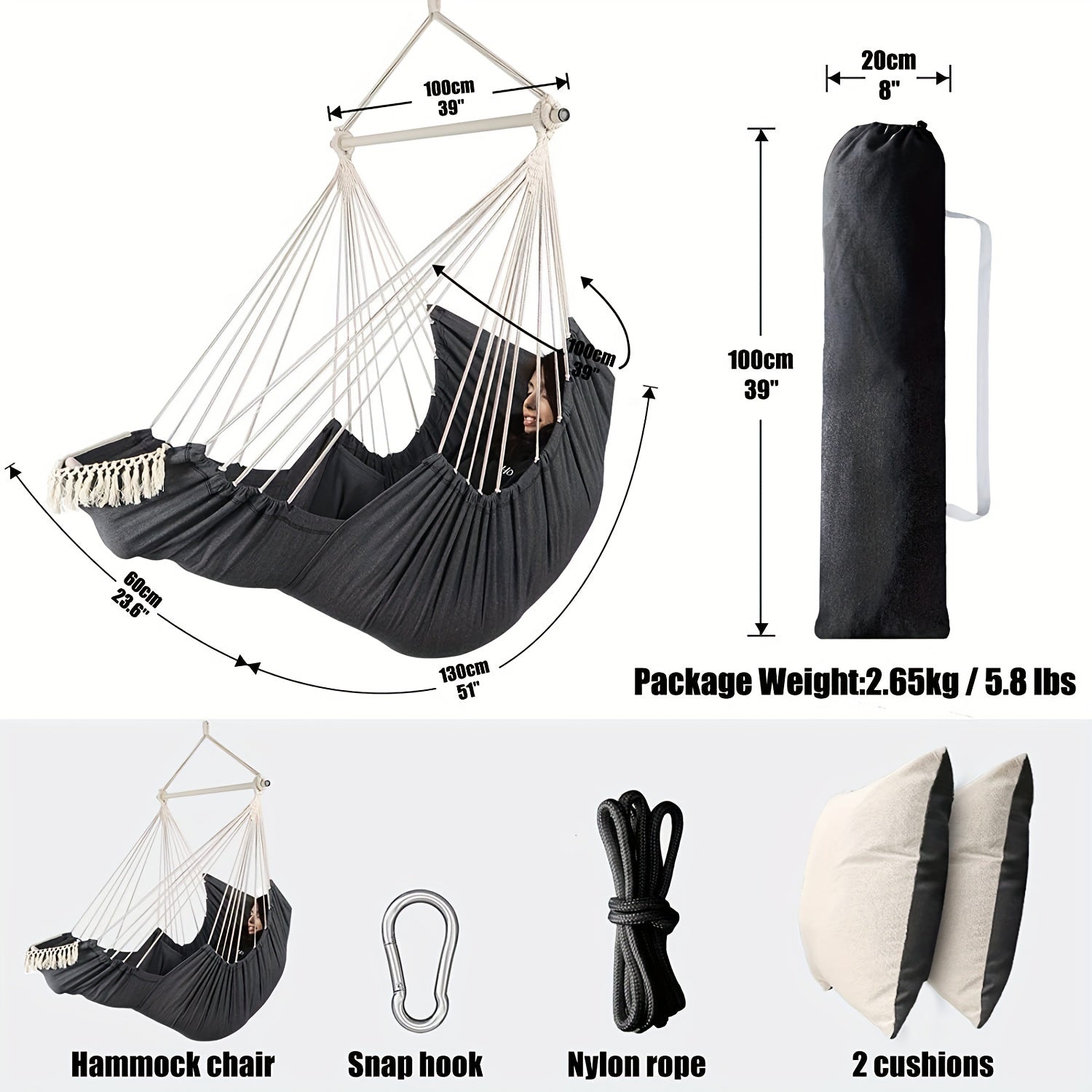 Outdoor Garden Oversized Hammock Swing Chair Tassel Hammock Detachable Iron Pipe