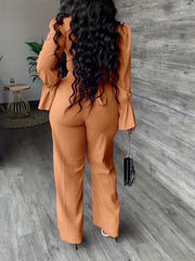 Surplice Neck Long Sleeve Top & High Waist Wide Leg Pants Set