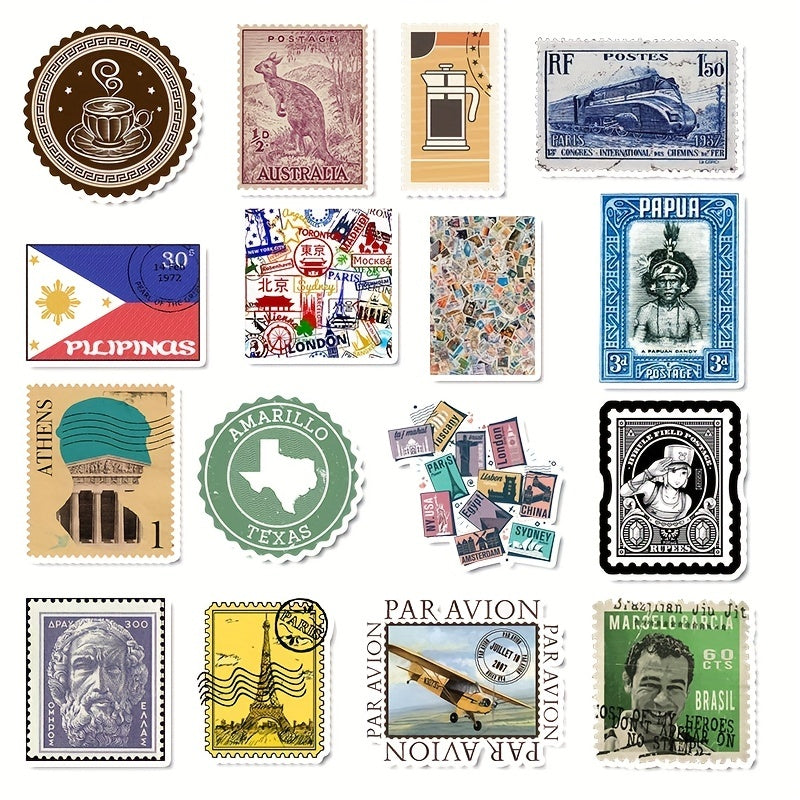 50pcs Retro Travel Stamps Stickers Waterproof Decals