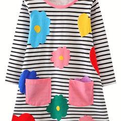 Girls' Cartoon Flowers Applique Striped Long Sleeve Dress