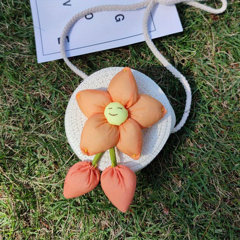Girls Straw Bag Coin Purse Flower Decor Shoulder Bag