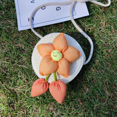 Girls Straw Bag Coin Purse Flower Decor Shoulder Bag
