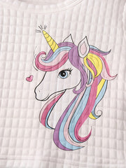 Girl's Unicorn Print Waffle Outfit Set for Spring Fall